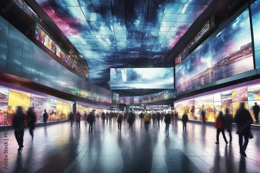 Futuristic Cityscape with People Walking in a Digital Hallway Futuristic Cityscape with People Walking in a Digital Hallway