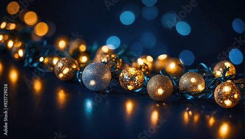 Holiday illumination and decoration concept - christmas garland bokeh lights over dark blue background