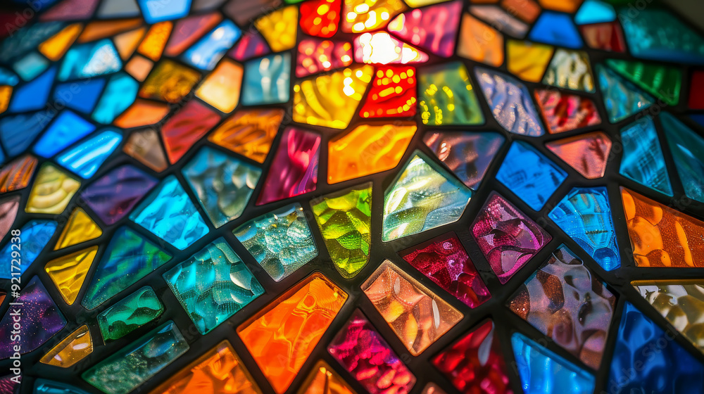 Colorful stained glass window detail showing abstract shapes and vivid colors Colorful stained glass window detail showing abstract shapes and vivid colors