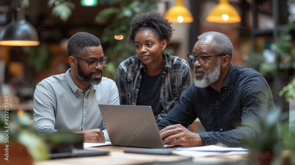 A man explains details to his colleagues at a laptop in a bright office A man explains details to his colleagues at a laptop in a bright office