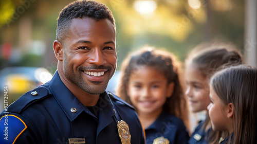 A smiling police officer interacts with children, showcasing community engagement and trust between law enforcement and youth.