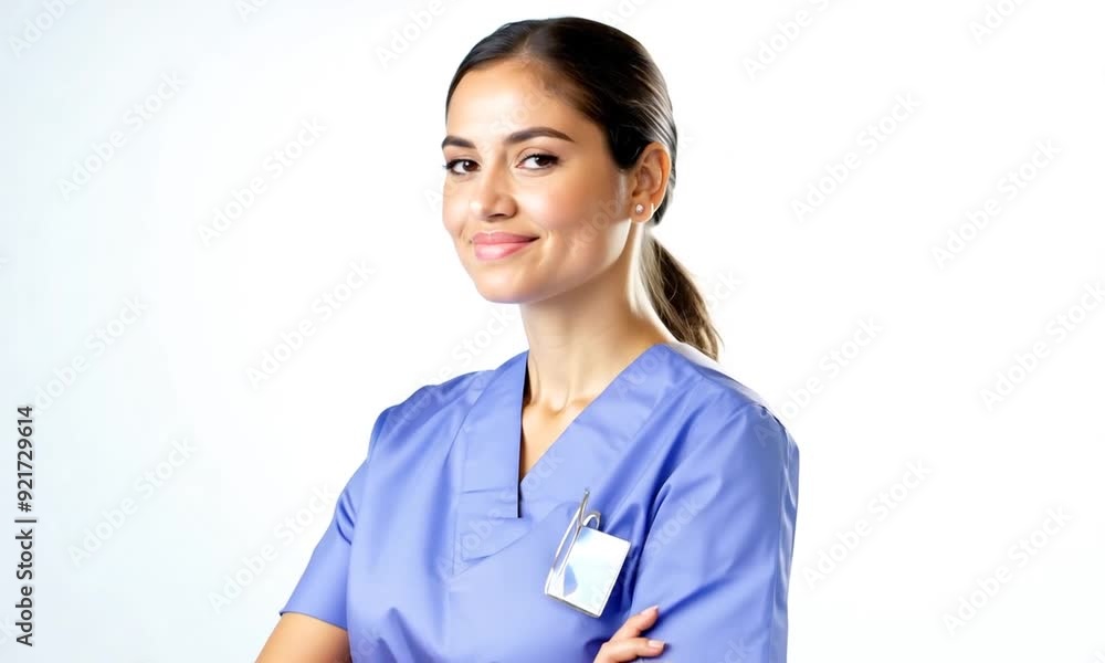 Young nurse caucasian woman isolated on white background with arms crossed and looking forward Young nurse caucasian woman isolated on white background with arms crossed and looking forward