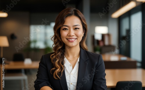 Confident professional lady with bright smile at work 