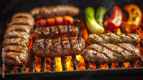 Close-up of grilled meats and veggies on a fiery barbecue, perfect for a summer family cookout, warm evening glow photo