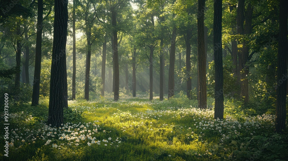 Obraz premium Sunlight Filtering Through Trees In a Forest