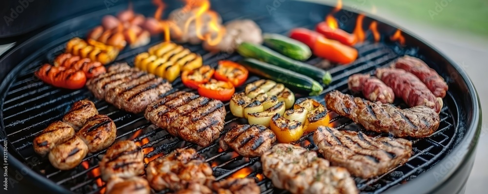 Vibrant summer barbecue with assorted meats and veggies grilling over open flames, a perfect setting for an evening gathering Vibrant summer barbecue with assorted meats and veggies grilling over open flames, a perfect setting for an evening gathering