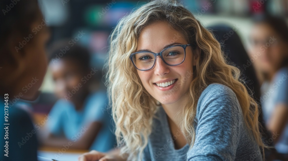 Smiling Woman With Glasses In A Library. Smiling Woman With Glasses In A Library.