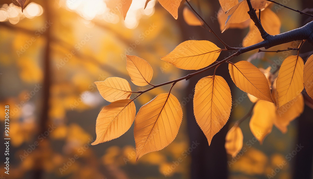 Fototapeta premium Close up of golden autumn leaves branch, nature's seasonal beauty. Beautiful fall woods, forest