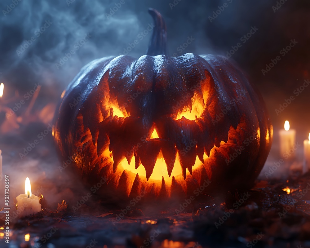 Naklejka premium 5. A close-up of a carved pumpkin with a sinister expression, surrounded by candles and fog, creating an eerie Halloween vibe