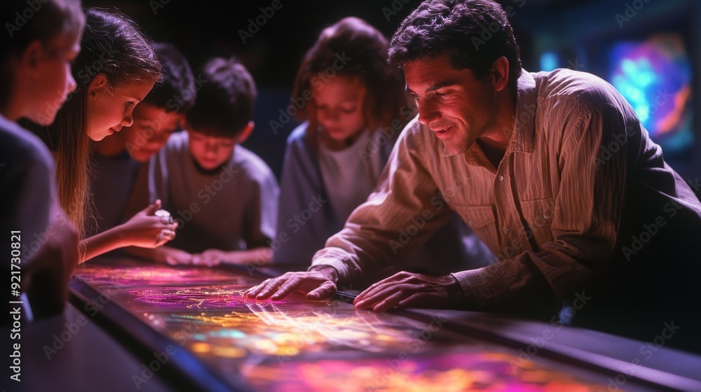 Fototapeta premium Group of children learning from a teacher at an interactive display.