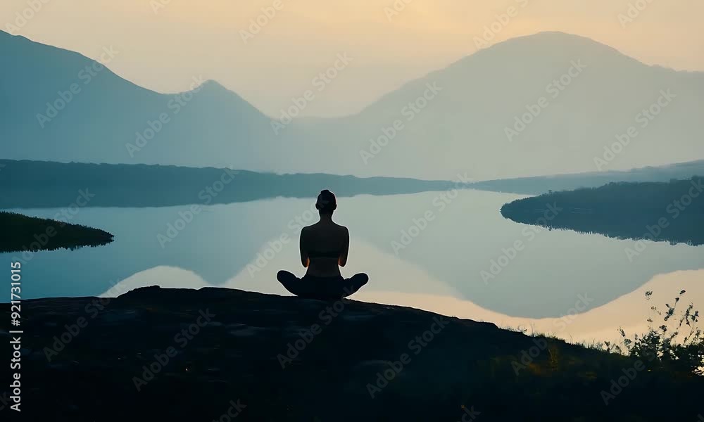 Experience calmness as someone meditates on a rock by a serene lake with mountains in the background Experience calmness as someone meditates on a rock by a serene lake with mountains in the background
