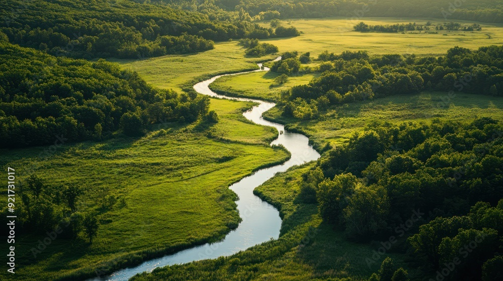 Aerial View of a Winding River Through Lush Green Fields Aerial View of a Winding River Through Lush Green Fields