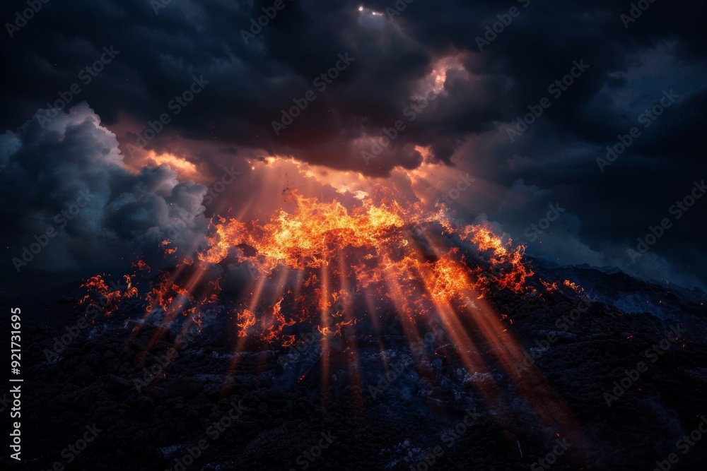 Fototapeta premium Radiant light pierces through a cloud of remains and remnants of fire, creating an evocative scene that contrasts the brightness with the aftermath of destruction.