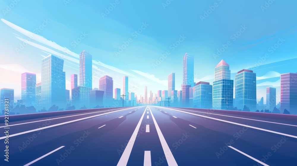 Fototapeta premium A Long Straight Road Leading to a City Skyline