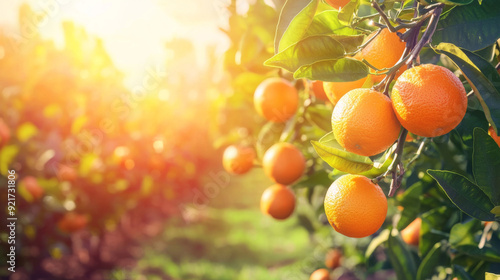 A bunch of fresh oranges hanging from a tree