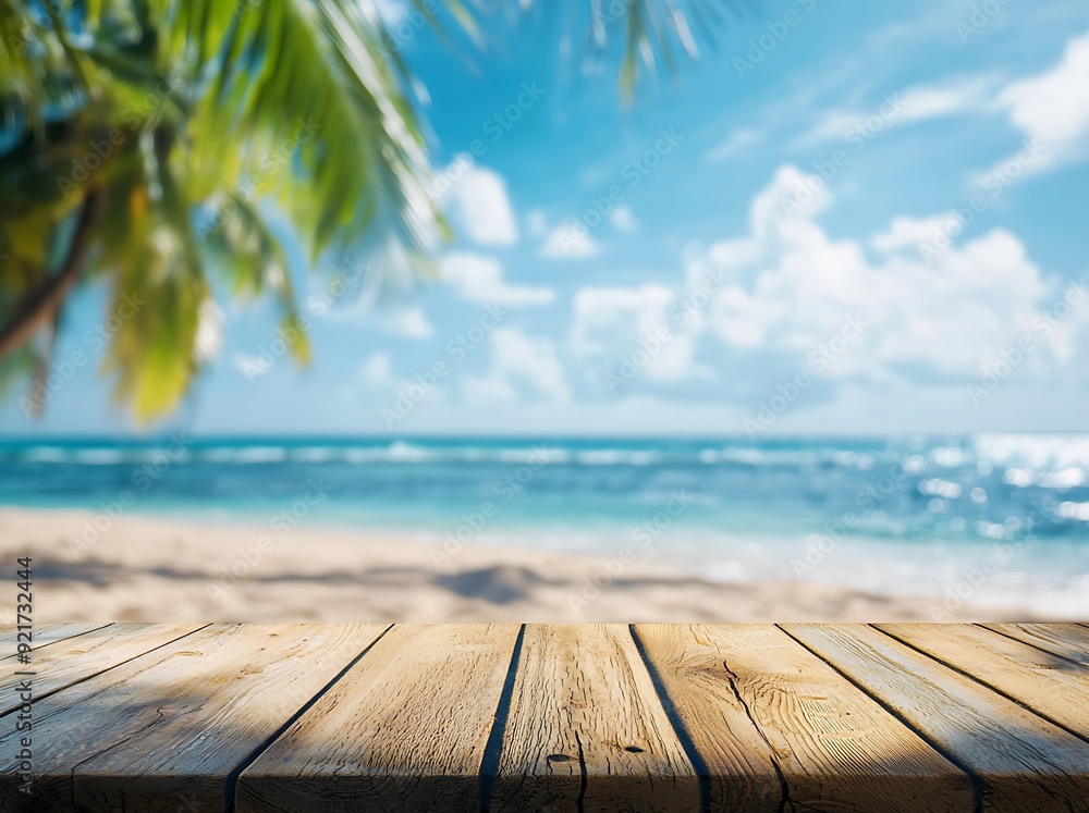 Fototapeta premium Empty wooden table top with blurred ocean beach background.