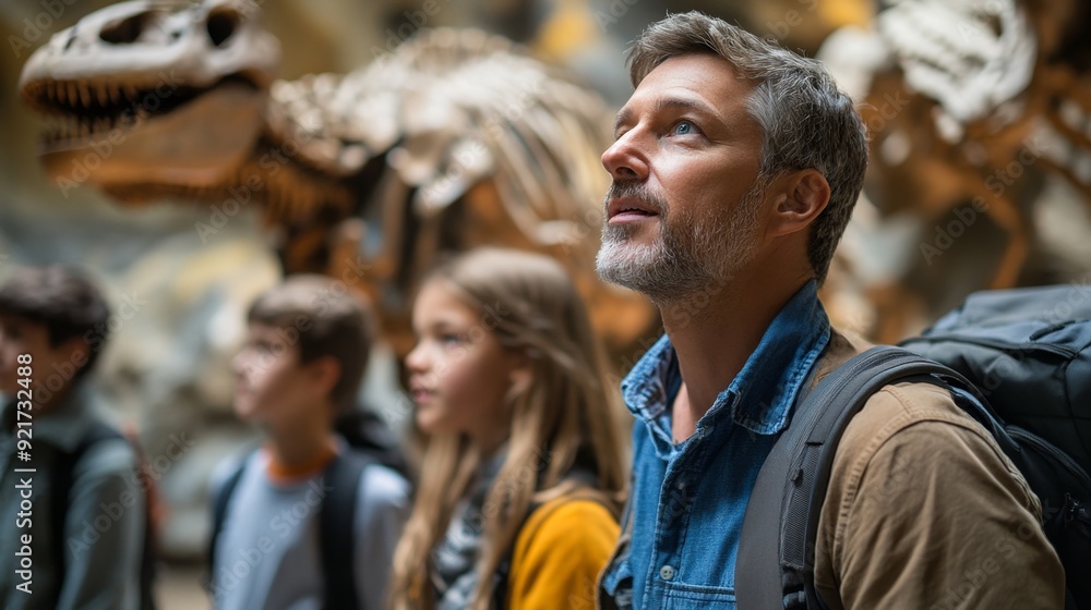 Obraz premium Family Looking Up At Dinosaur Skeleton In Museum.