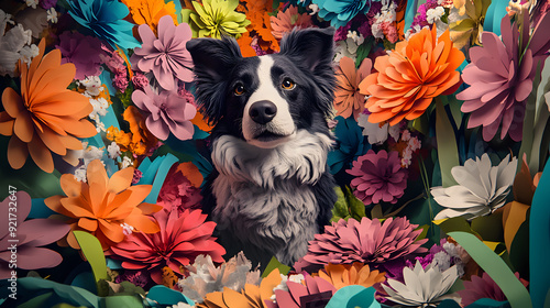 A black and white cute puppy, surrounded by flowers in a studio portrait