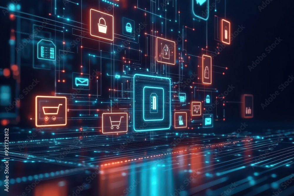 Cyber Monday digital market with bright icons representing various deals, holographic sale banners, futuristic ecommerce interface, online shopping ease Cyber Monday digital market with bright icons representing various deals, holographic sale banners, futuristic ecommerce interface, online shopping ease