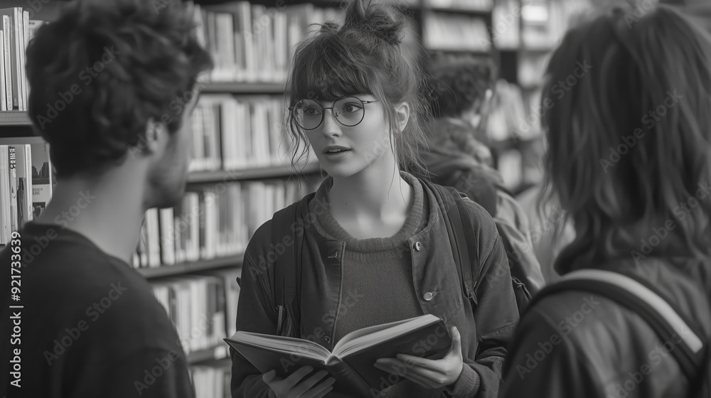 Friends share excitement over a book in a cozy bookshop setting Friends share excitement over a book in a cozy bookshop setting