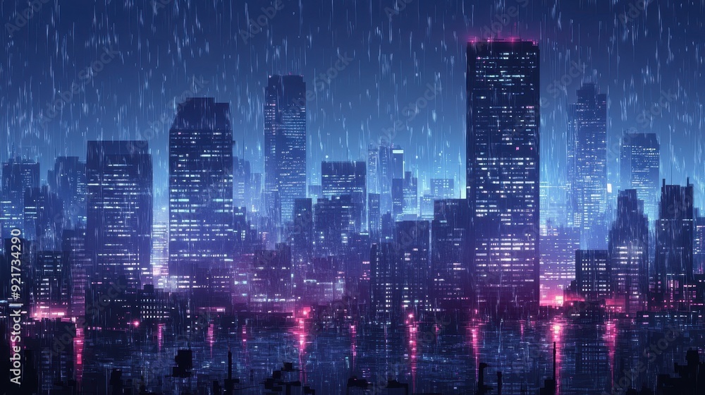 Fototapeta premium Night Rain in the city,City life in night in rainy season abstract background,Heavy rain in dark sky, rainy season,light lamp street night ,dark clouds and storm, vector illustration.