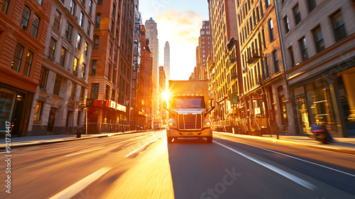A vibrant city street scene at sunset with a truck driving, showcasing urban life and energy.