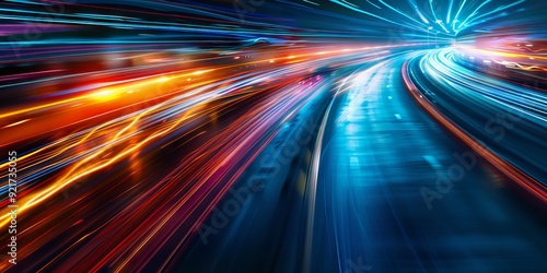 Panoramic high speed technology concept, light abstract background. Image of speed motion on the road