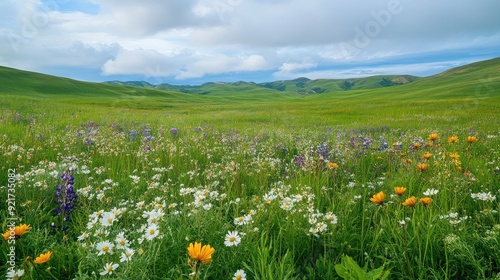 Wildflowers Meadow Under Cloudy Sky