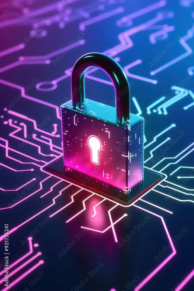 Fototapeta premium Secure File Transfer Watercolor illustration of a secure file transfer interface with a digital padlock