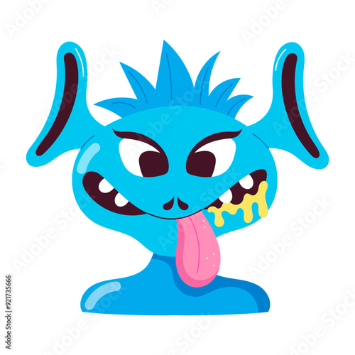 Comic sticker of funny monster with tongue out 