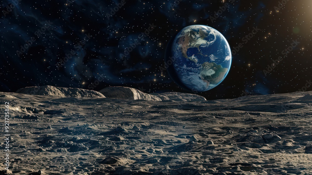 Earth Rising Above a Rocky Lunar Landscape Earth Rising Above a Rocky Lunar Landscape