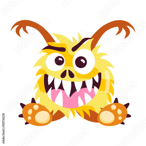 Scary monster with creepy laugh, flat sticker 

