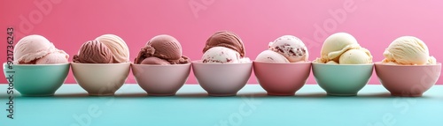 Delicious Assorted Ice Cream Flavors in Bowls on Bright Summer Background with Copy Space for Text