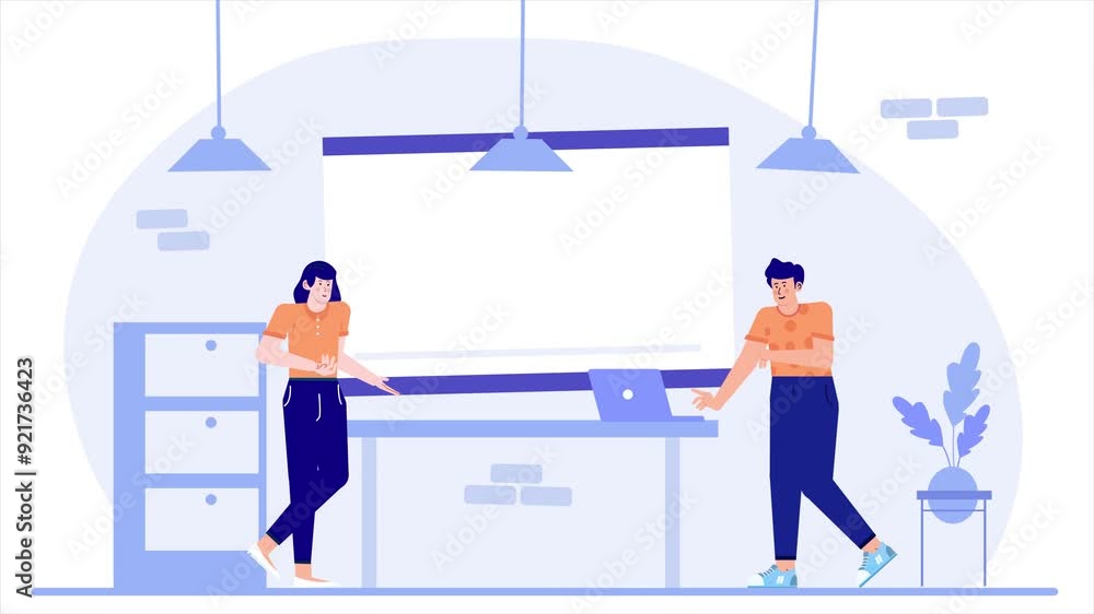 people in office with graphic on screen illustration business animated video people in office with graphic on screen illustration business animated video