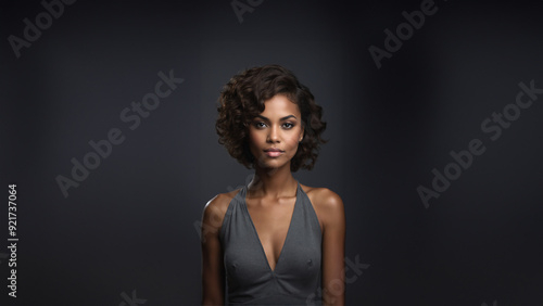 Captivating portrait of a young Black American woman. Flawless skin, natural beauty, and confident gaze. Brunette with neat hair, studio shot with copy space. Perfect for beauty and fashion