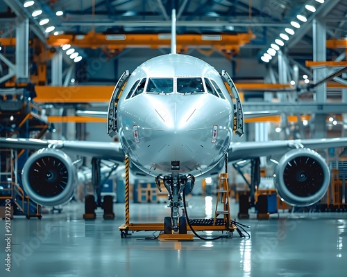 Aerospace Manufacturing Facility with Technicians Assembling Aircraft Components Highlighting Precision and Innovation