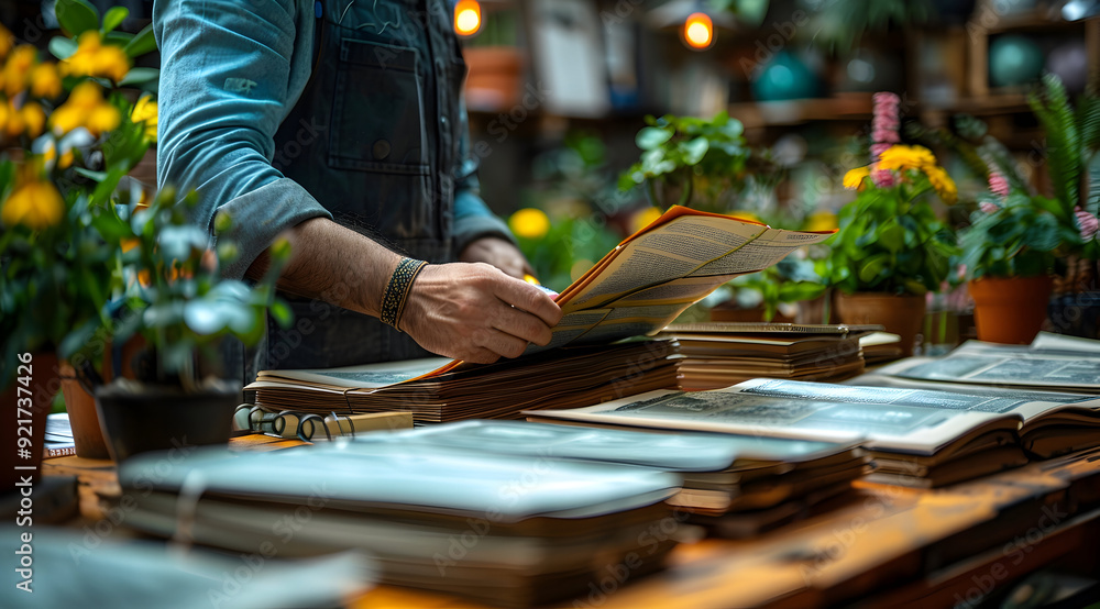 Person Browsing Through Stack of Books in a Garden Shop Illustration Person Browsing Through Stack of Books in a Garden Shop Illustration