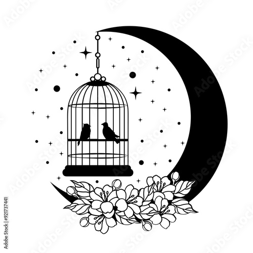 Love Bird | Flying Bird | Floral Mystical Love Bird | Floral Love Bird | Bird Cage | Celestial Bird | Lover in the Moon | Celestial | Original Illustration | Vector and Clipart | Cutfile and Stencil