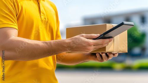 Delivery person scanning a package with a smartphone in a sunny outdoor setting, showcasing modern logistics technology.