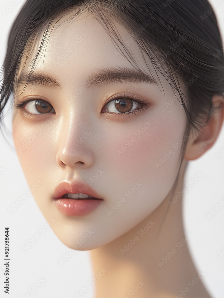 Close-up of a Young Korean Woman with Flawless Skin and Subtle Makeup 젊은 여성의 완벽한 피부와 은은한 메이크업의 클로즈업 Close-up of a Young Korean Woman with Flawless Skin and Subtle Makeup 젊은 여성의 완벽한 피부와 은은한 메이크업의 클로즈업