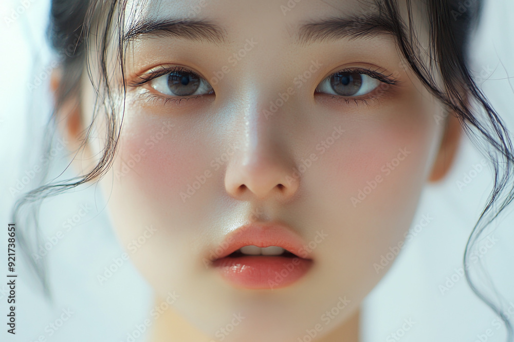 Close-up of a Young Korean Woman with Flawless Skin and Subtle Makeup 젊은 여성의 완벽한 피부와 은은한 메이크업의 클로즈업 Close-up of a Young Korean Woman with Flawless Skin and Subtle Makeup 젊은 여성의 완벽한 피부와 은은한 메이크업의 클로즈업