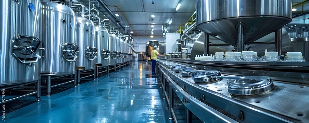 Fototapeta premium Efficient Dairy Processing Facility with Modern Stainless Steel Equipment and Diligent Workers