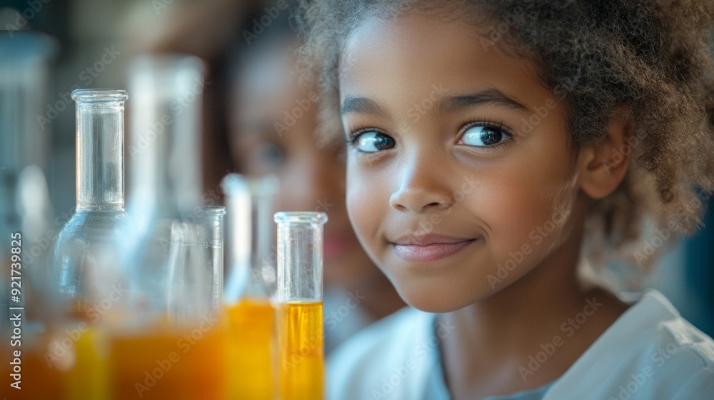 Young Girl Scientist Looking at Chemical Experiment. Young Girl Scientist Looking at Chemical Experiment.
