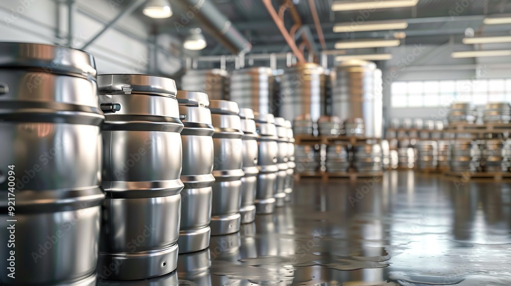Large metal barrels or containers for beer in industrial production. Kegs for beers. copy space for text. Large metal barrels or containers for beer in industrial production. Kegs for beers. copy space for text.