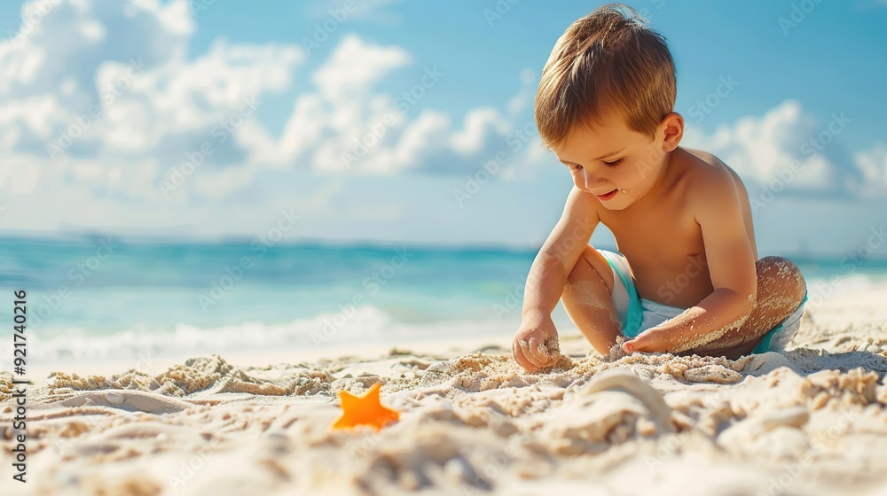 Little boy play with sand on summer beach. copy space for text. Little boy play with sand on summer beach. copy space for text.