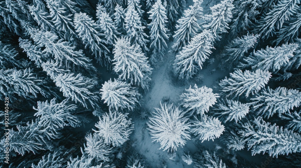 Aerial view of snowy pine trees and a little curving winding stream Aerial view of snowy pine trees and a little curving winding stream