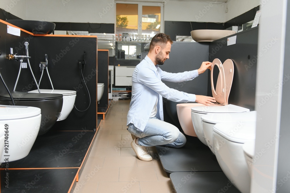 Man choosing home toilet in store Man choosing home toilet in store