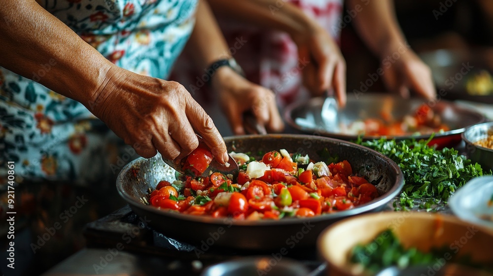 Closeup of a Hand Adding Tomatoes to a Pan of Food. Closeup of a Hand Adding Tomatoes to a Pan of Food.