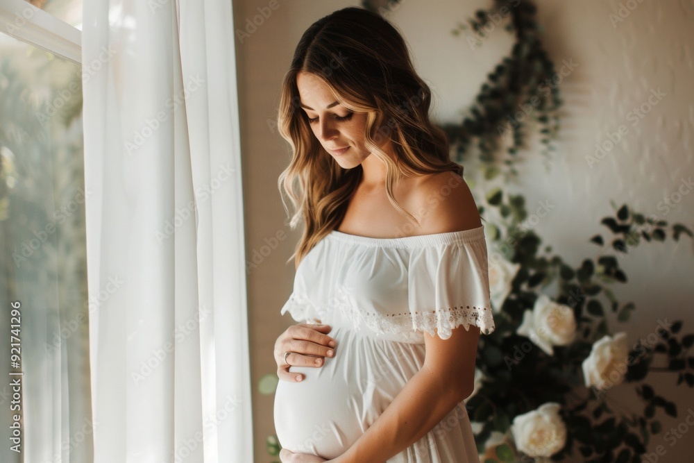 Fototapeta premium An expectant mother lovingly prepares for her baby's arrival, reflecting a blend of love, anticipation, and the symptoms of pregnancy.