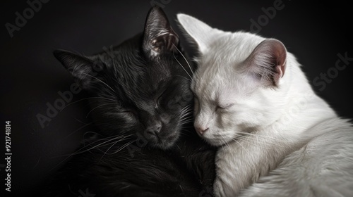 Wallpaper Mural Two black and white cats lying together on a soft bed, one cat looks into the camera Torontodigital.ca